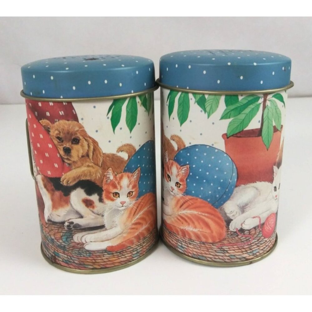 Vintage JSNY Best Friends Cats & Dogs Tin Salt & Pepper Shakers With Handles